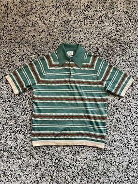 Vintage Donegal Colesta Shirt Green Knit Stripe Short Sleeve Men’s XL